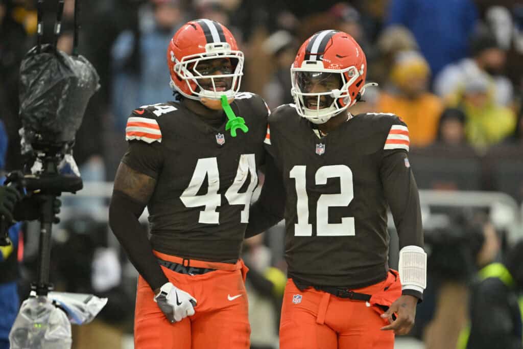 CLEVELAND, OHIO - DECEMBER 28: Harold Fannin Jr. #44 and Shedeur Sanders #12 of the Cleveland Browns react after a touchdown pass during the first quarter of the game against the Pittsburgh Steelers at Huntington Bank Field on December 28, 2025 in Cleveland, Ohio.