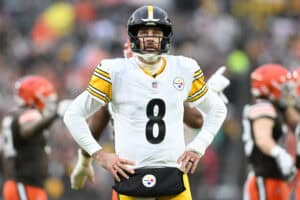 CLEVELAND, OHIO - DECEMBER 28: Aaron Rodgers #8 of the Pittsburgh Steelers reacts during the first quarter of the game Cleveland Browns at Huntington Bank Field on December 28, 2025 in Cleveland, Ohio.
