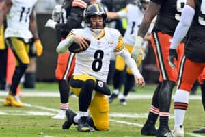 CLEVELAND, OHIO - DECEMBER 28: Aaron Rodgers #8 of the Pittsburgh Steelers reacts during the second quarter of the game against the Cleveland Browns at Huntington Bank Field on December 28, 2025 in Cleveland, Ohio.