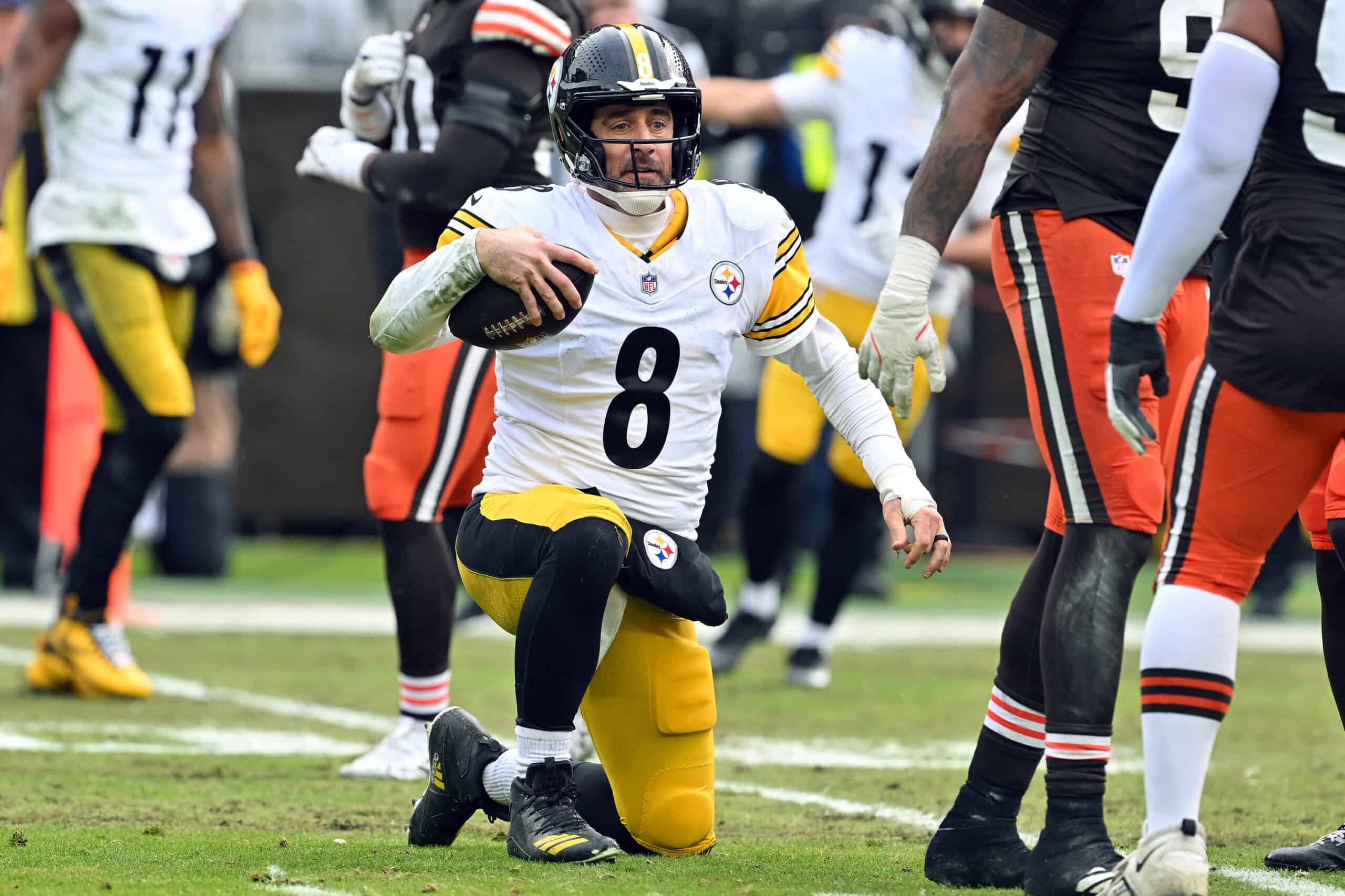 CLEVELAND, OHIO - DECEMBER 28: Aaron Rodgers #8 of the Pittsburgh Steelers reacts during the second quarter of the game against the Cleveland Browns at Huntington Bank Field on December 28, 2025 in Cleveland, Ohio.