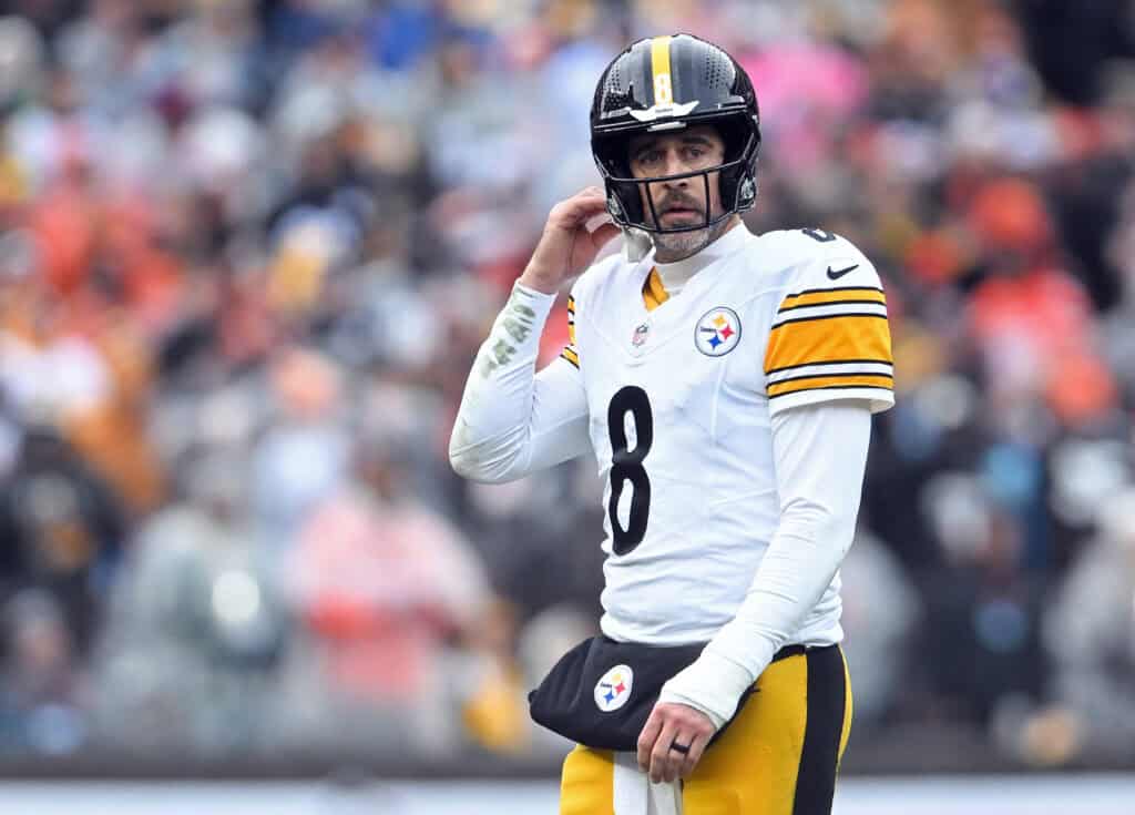 CLEVELAND, OHIO - DECEMBER 28: Aaron Rodgers #8 of the Pittsburgh Steelers reacts during the second quarter of the game against the Cleveland Browns at Huntington Bank Field on December 28, 2025 in Cleveland, Ohio.