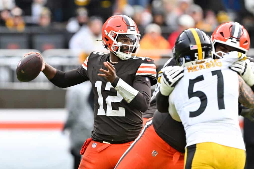 CLEVELAND, OHIO - DECEMBER 28: Shedeur Sanders #12 of the Cleveland Browns makes a pass during the second quarter of the game against the Pittsburgh Steelers at Huntington Bank Field on December 28, 2025 in Cleveland, Ohio.