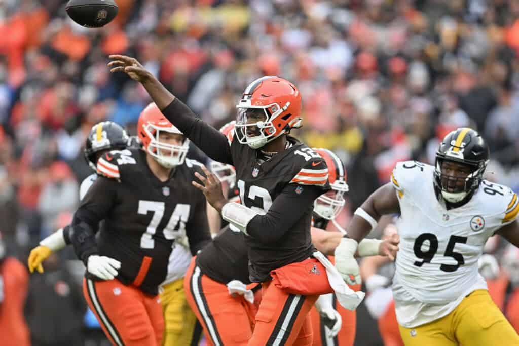CLEVELAND, OHIO - DECEMBER 28: Shedeur Sanders #12 of the Cleveland Browns throws a pass during the third quarter of the game against the Pittsburgh Steelers at Huntington Bank Field on December 28, 2025 in Cleveland, Ohio.