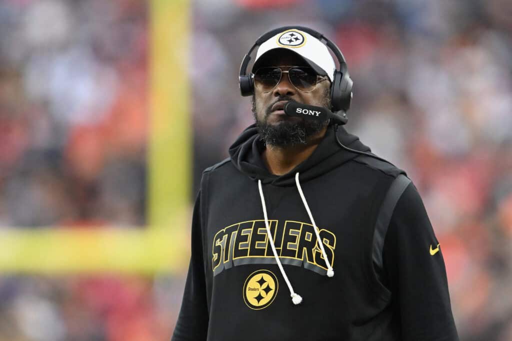 CLEVELAND, OHIO - DECEMBER 28: Head coach Mike Tomlin of the Pittsburgh Steelers looks on during the fourth quarter of the game against the Cleveland Browns at Huntington Bank Field on December 28, 2025 in Cleveland, Ohio.