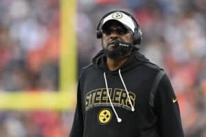 CLEVELAND, OHIO - DECEMBER 28: Head coach Mike Tomlin of the Pittsburgh Steelers looks on during the fourth quarter of the game against the Cleveland Browns at Huntington Bank Field on December 28, 2025 in Cleveland, Ohio.