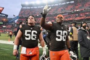 CLEVELAND, OHIO - DECEMBER 28: Luke Wypler #56 and Adin Huntington #98 of the Cleveland Browns react after their win against the Pittsburgh Steelers at Huntington Bank Field on December 28, 2025 in Cleveland, Ohio.