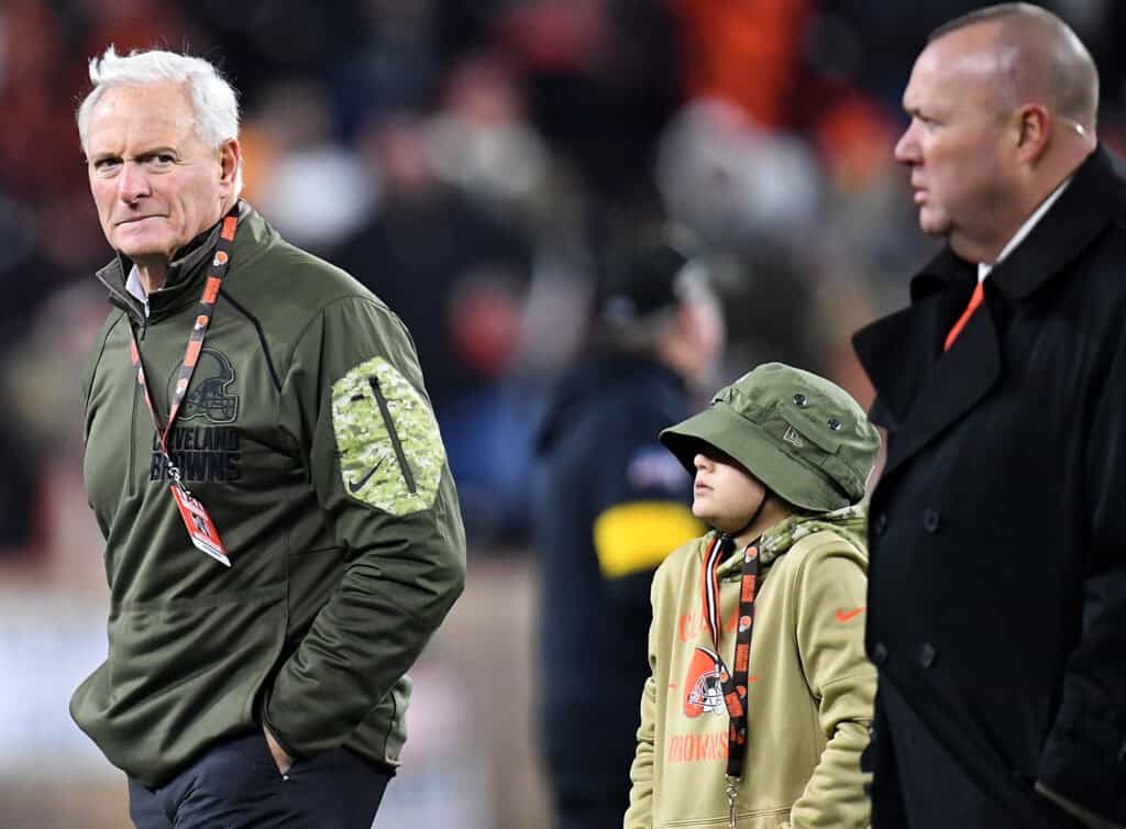 CLEVELAND, OHIO - NOVEMBER 14: Owner Jimmy Haslam of the Cleveland Browns walks on the field before the game against the Pittsburgh Steelers at FirstEnergy Stadium on November 14, 2019 in Cleveland, Ohio.