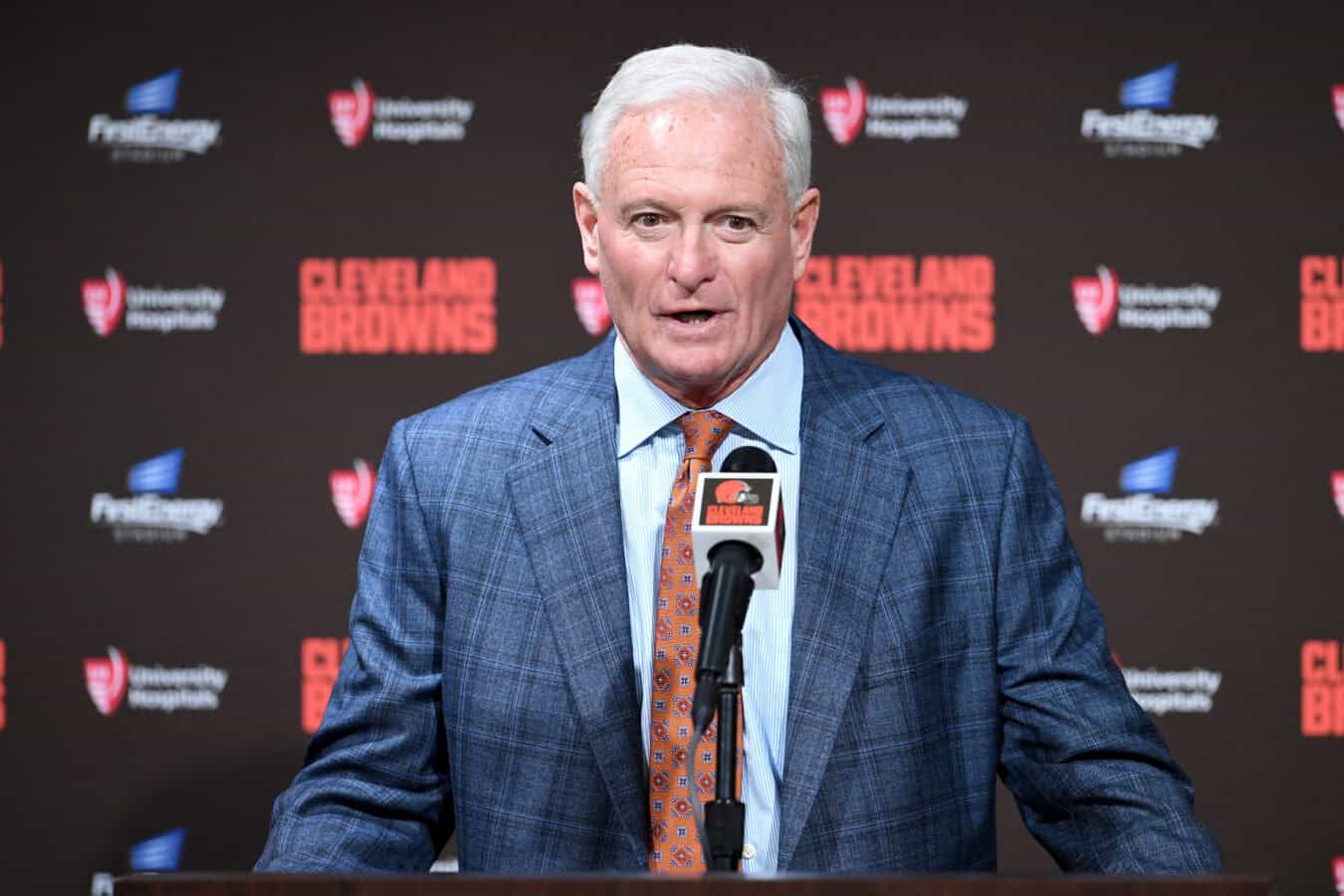 CLEVELAND, OHIO - JANUARY 14: Team owner Jimmy Haslam introduces Kevin Stefanski as the Cleveland Browns new head coach on January 14, 2020 in Cleveland, Ohio.