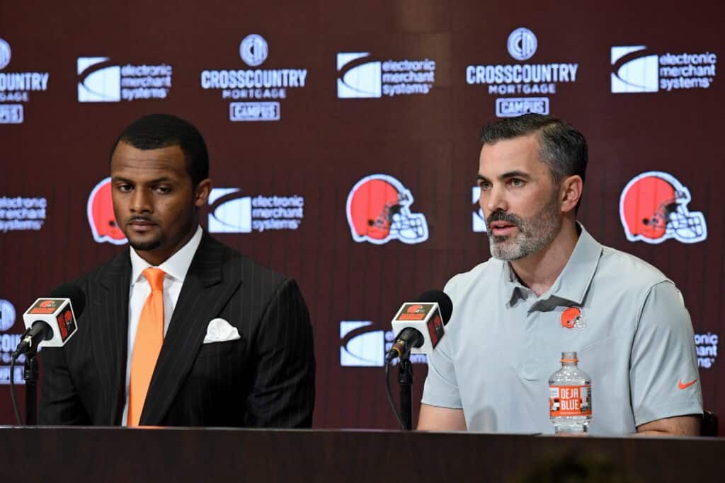 BEREA, OHIO - MARCH 25: Cleveland Browns head coach Kevin Stefanski speaks during a press conference introducing quarterback Deshaun Watson at CrossCountry Mortgage Campus on March 25, 2022 in Berea, Ohio.