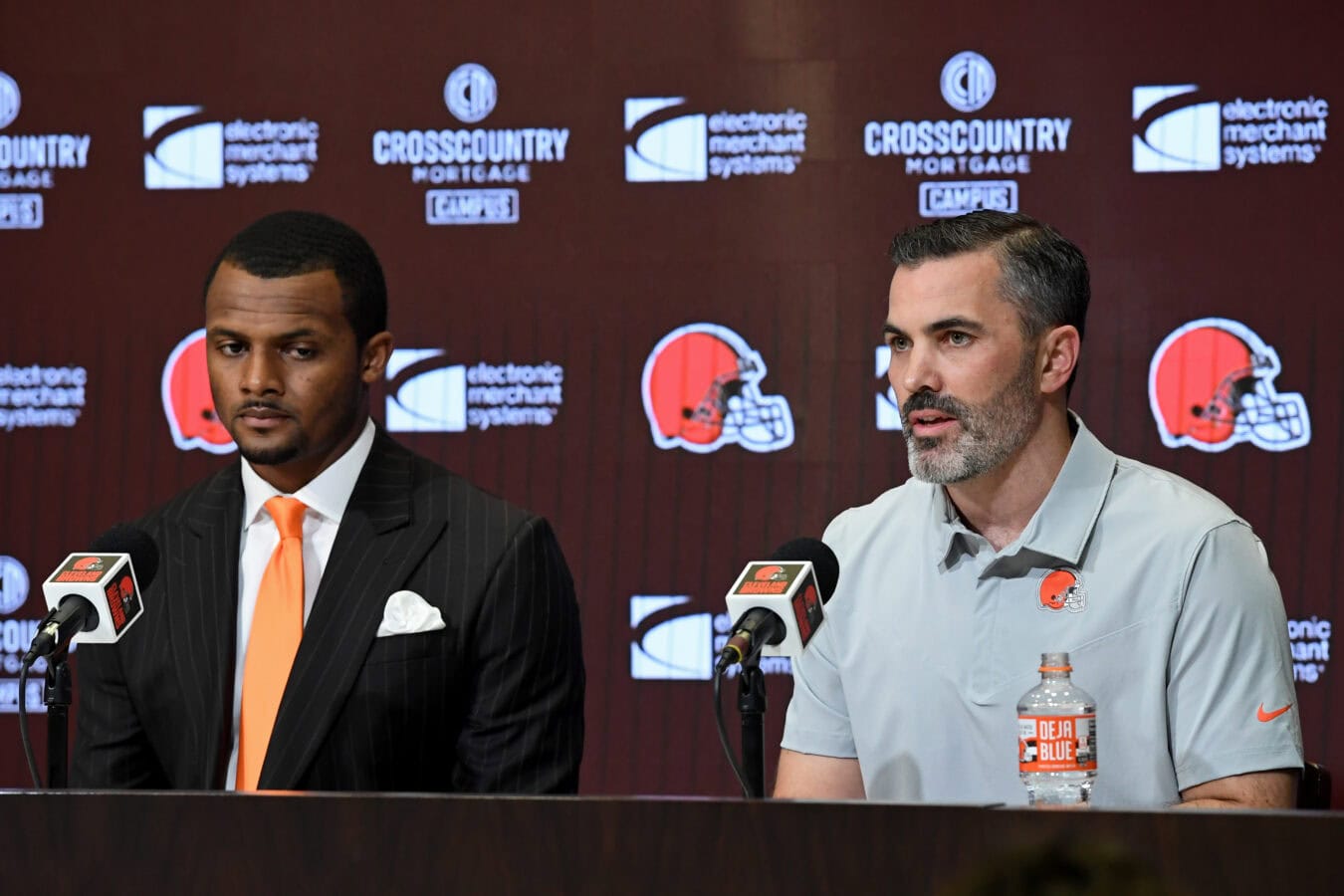 BEREA, OHIO - MARCH 25: Cleveland Browns head coach Kevin Stefanski speaks during a press conference introducing quarterback Deshaun Watson at CrossCountry Mortgage Campus on March 25, 2022 in Berea, Ohio.