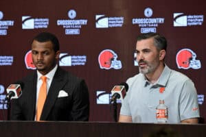 BEREA, OHIO - MARCH 25: Cleveland Browns head coach Kevin Stefanski speaks during a press conference introducing quarterback Deshaun Watson at CrossCountry Mortgage Campus on March 25, 2022 in Berea, Ohio.