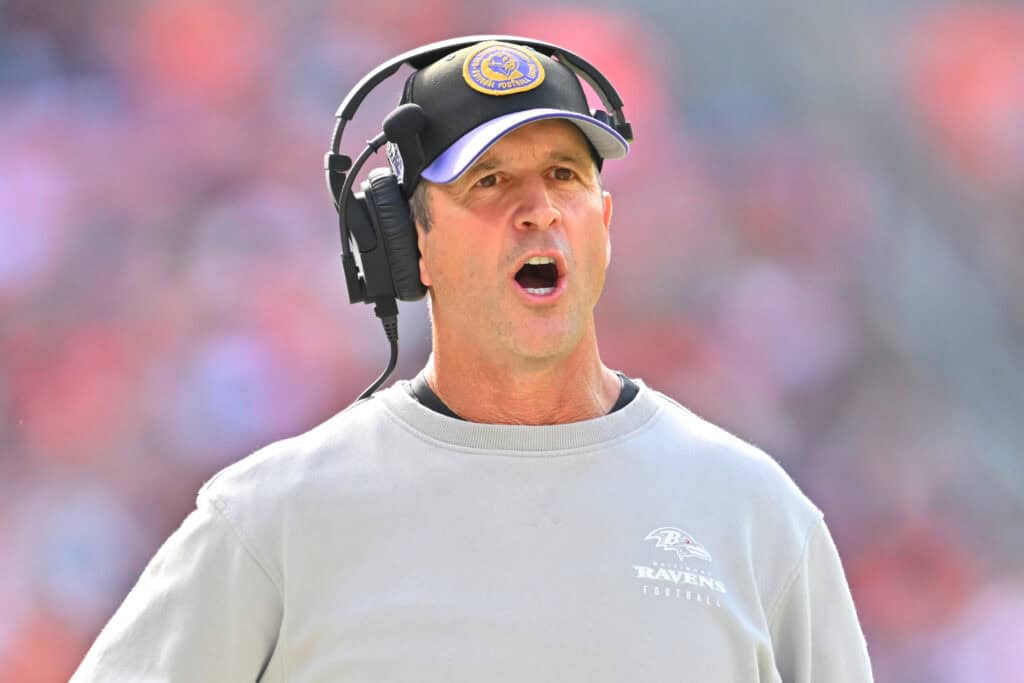 CLEVELAND, OHIO - OCTOBER 01: Head coach John Harbaugh of the Baltimore Ravens reacts during the fourth quarter against the Cleveland Browns at Cleveland Browns Stadium on October 01, 2023 in Cleveland, Ohio.
