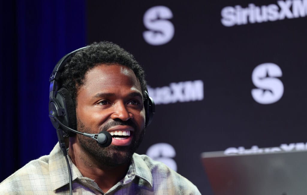 LAS VEGAS, NEVADA - FEBRUARY 07: Torrey Smith speaks on SiriusXM at Super Bowl LVIII on February 07, 2024 in Las Vegas, Nevada.