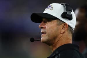 BALTIMORE, MD - AUGUST 09: Head coach John Harbaugh of the Baltimore Ravens looks on during the second half of a preseason game against the Philadelphia Eagles at M&T Bank Stadium on August 9, 2024 in Baltimore, Maryland.