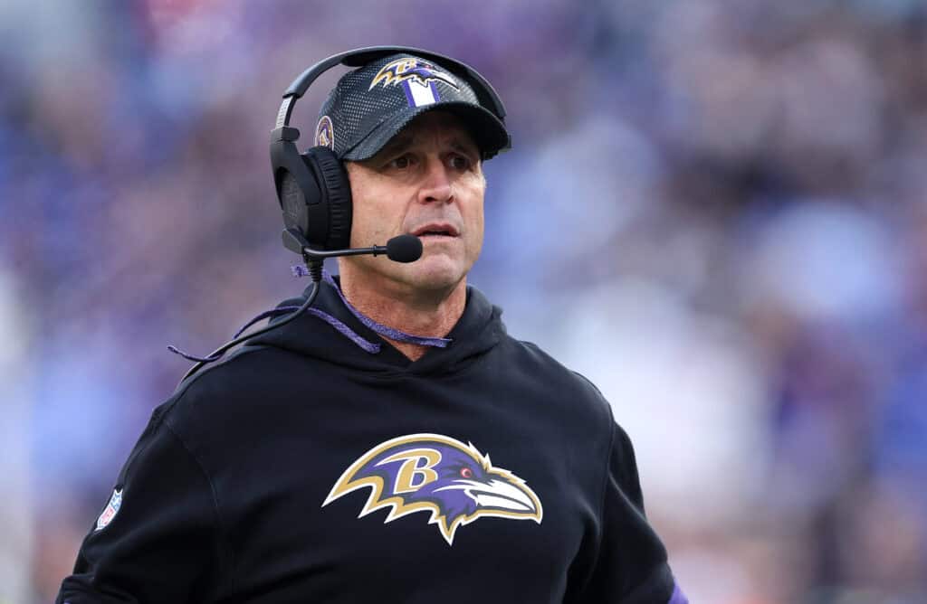 BALTIMORE, MARYLAND - NOVEMBER 03: Head coach John Harbaugh of the Baltimore Ravens looks on during the second half of a game against the Denver Broncos at M&T Bank Stadium on November 03, 2024 in Baltimore, Maryland.