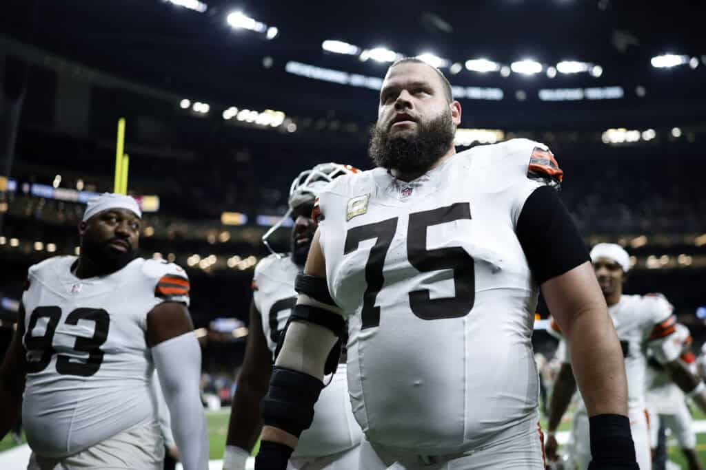 NEW ORLEANS, LOUISIANA - NOVEMBER 17: Joel Bitonio #75 of the Cleveland Browns looks on during the game against the New Orleans Saints at Caesars Superdome on November 17, 2024 in New Orleans, Louisiana.