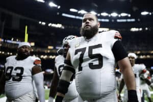 NEW ORLEANS, LOUISIANA - NOVEMBER 17: Joel Bitonio #75 of the Cleveland Browns looks on during the game against the New Orleans Saints at Caesars Superdome on November 17, 2024 in New Orleans, Louisiana.