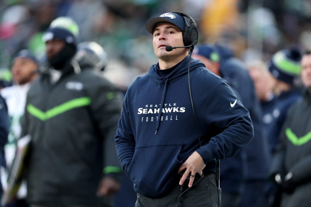 EAST RUTHERFORD, NEW JERSEY - DECEMBER 01: Head coach Mike Macdonald of the Seattle Seahawks looks on during the third quarter of a game against the New York Jets at MetLife Stadium on December 01, 2024 in East Rutherford, New Jersey.