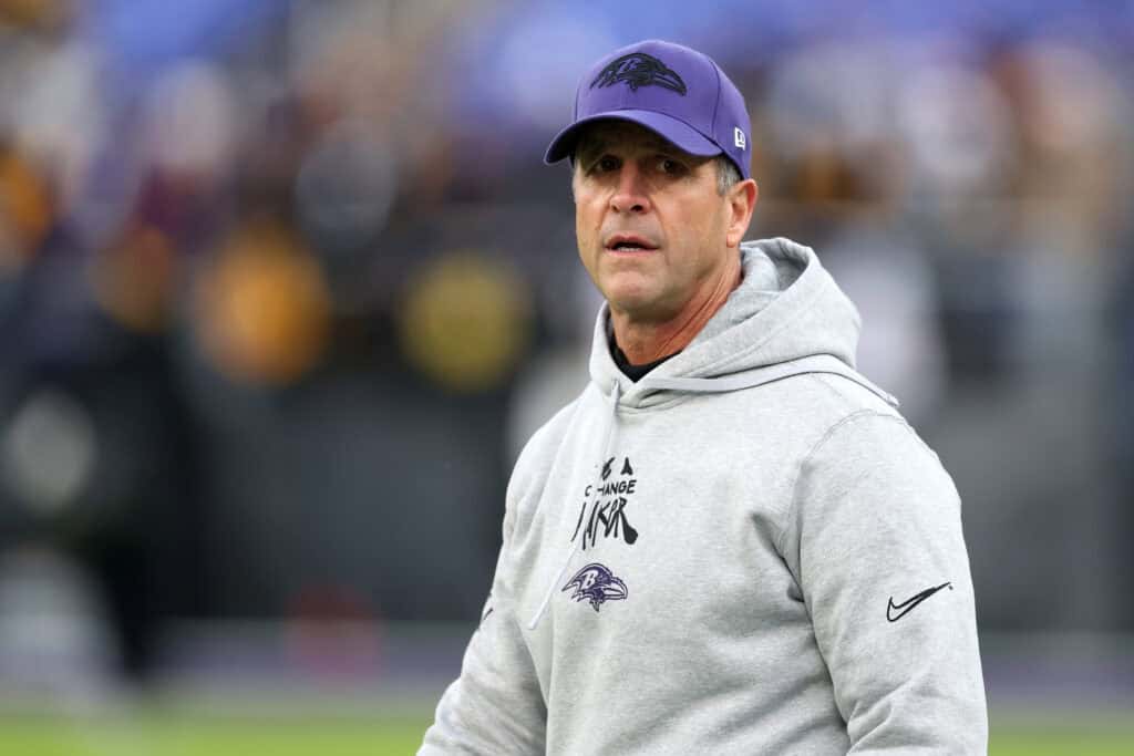 BALTIMORE, MARYLAND - DECEMBER 21: Head coach John Harbaugh of the Baltimore Ravens looks on before the game against the Pittsburgh Steelers at M&T Bank Stadium on December 21, 2024 in Baltimore, Maryland.