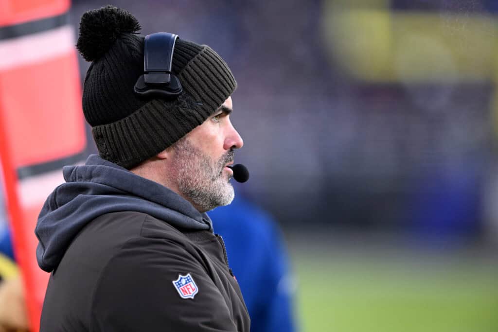 BALTIMORE, MARYLAND - JANUARY 04: Head coach Kevin Stefanski of the Cleveland Browns looks on during the first quarter against the Baltimore Ravens at M&T Bank Stadium on January 04, 2025 in Baltimore, Maryland.