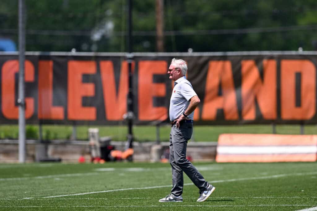 BEREA, OHIO - JUNE 04: Managing and principal partner Jimmy Haslam of the Cleveland Browns looks on during Cleveland Browns OTA offseason workouts at CrossCountry Mortgage Campus on June 04, 2025 in Berea, Ohio.