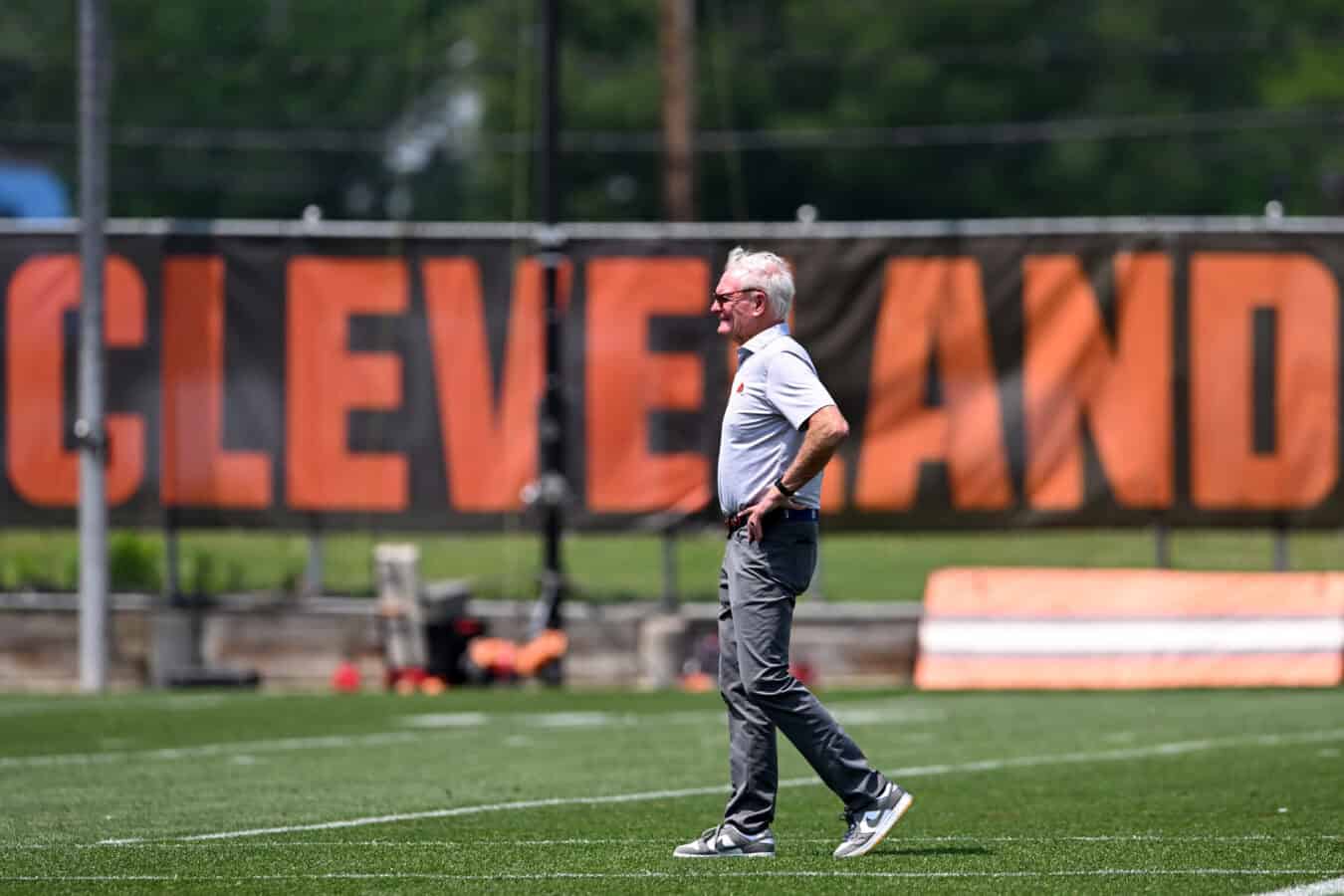 BEREA, OHIO - JUNE 04: Managing and principal partner Jimmy Haslam of the Cleveland Browns looks on during Cleveland Browns OTA offseason workouts at CrossCountry Mortgage Campus on June 04, 2025 in Berea, Ohio.