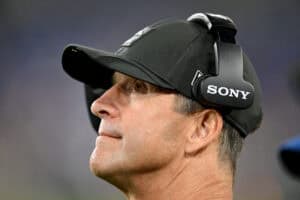 BALTIMORE, MARYLAND - AUGUST 07: Head coach John Harbaugh of the Baltimore Ravens watches the game in the fourth quarter against the Indianapolis Colts during the NFL Preseason 2025 game at M&T Bank Stadium on August 07, 2025 in Baltimore, Maryland.