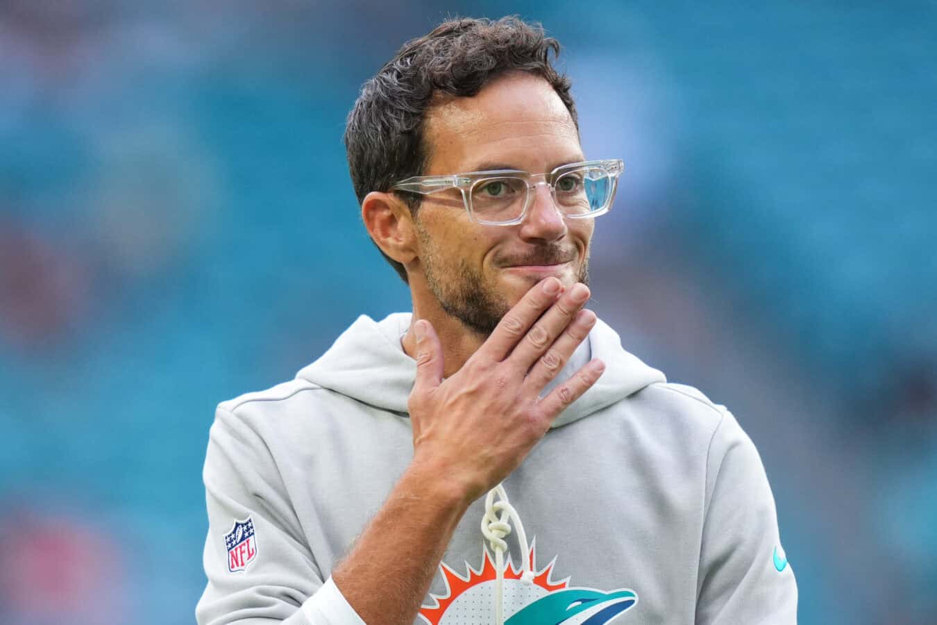 MIAMI GARDENS, FLORIDA - AUGUST 23: Miami Dolphins head coach Mike McDaniel looks on prior to a NFL Preseason 2025 game between Jacksonville Jaguars and Miami Dolphins at Hard Rock Stadium on August 23, 2025 in Miami Gardens, Florida.