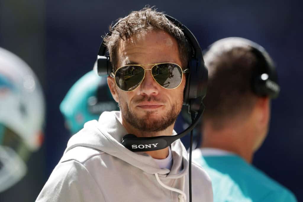 INDIANAPOLIS, INDIANA - SEPTEMBER 07: Head coach Mike McDaniel of the Miami Dolphins looks on during the second quarter against the Indianapolis Colts during the game at Lucas Oil Stadium on September 07, 2025 in Indianapolis, Indiana.