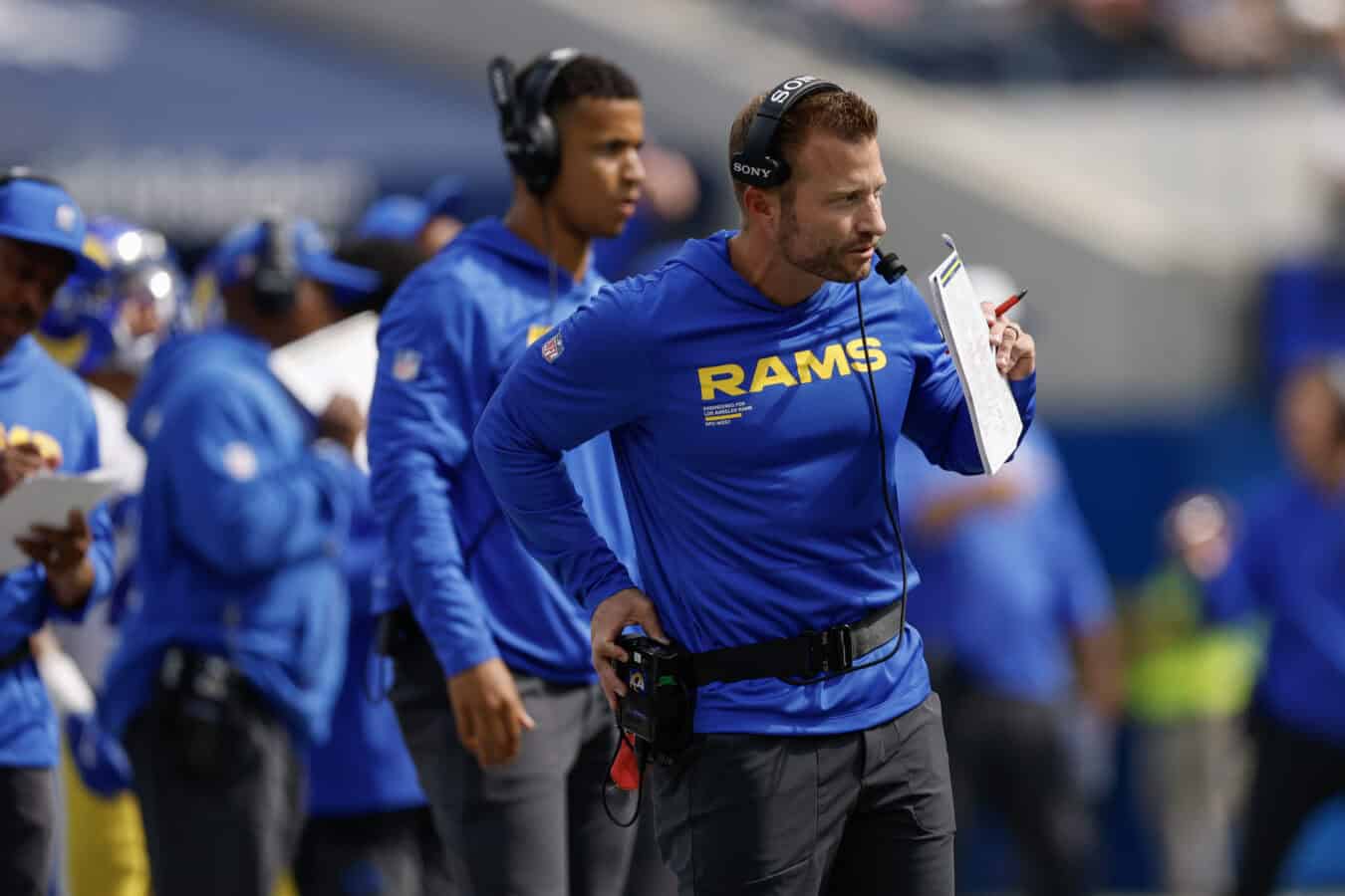INGLEWOOD, CALIFORNIA - SEPTEMBER 07: Head coach Sean McVay of the Los Angeles Rams looks on during the game against the Houston Texans at SoFi Stadium on September 07, 2025 in Inglewood, California