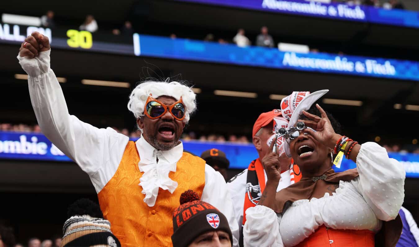 LONDON, ENGLAND - OCTOBER 05: Cleveland Browns fans shout from the stands during the NFL 2025 game between Minnesota Vikings and Cleveland Browns at Tottenham Hotspur Stadium on October 05, 2025 in London, England.""