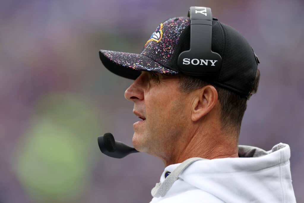 BALTIMORE, MARYLAND - OCTOBER 12: Head coach John Harbaugh of the Baltimore Ravens looks on during the second quarter against the Los Angeles Rams in the game at M&T Bank Stadium on October 12, 2025 in Baltimore, Maryland.