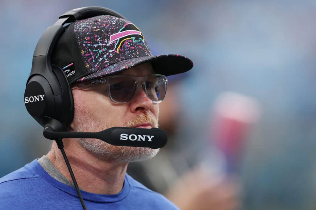 CHARLOTTE, NORTH CAROLINA - OCTOBER 26: Head coach Sean McDermott of the Buffalo Bills looks on in the fourth quarter of the game against the Carolina Panthers at Bank of America Stadium on October 26, 2025 in Charlotte, North Carolina.