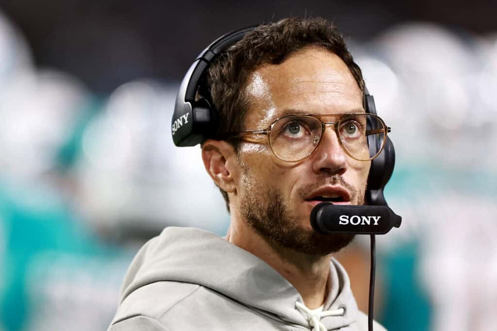 MIAMI GARDENS, FLORIDA - OCTOBER 30: Head coach Mike McDaniel of the Miami Dolphins looks on against the Baltimore Ravens during the first quarter in the game at Hard Rock Stadium on October 30, 2025 in Miami Gardens, Florida.