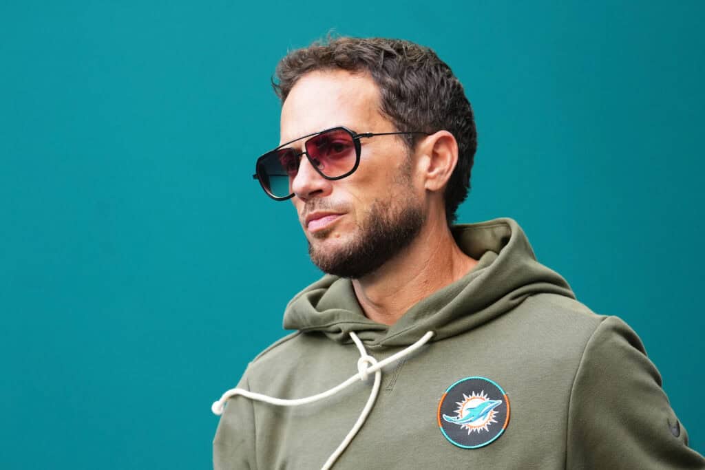 MIAMI GARDENS, FLORIDA - NOVEMBER 09: Head coach Mike McDaniel of the Miami Dolphins looks on before the game against the Buffalo Bills at Hard Rock Stadium on November 09, 2025 in Miami Gardens, Florida.
