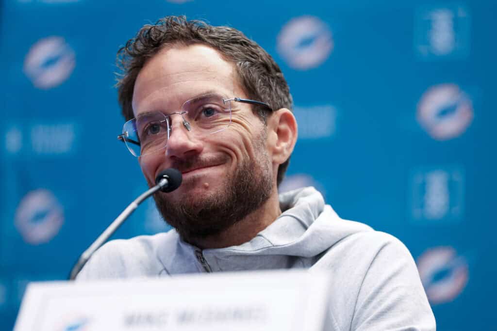 MADRID, SPAIN - NOVEMBER 14: Mike McDaniel, Head Coach of Miami Dolphins, speaks to the media in the press conference ahead of their NFL 2025 game against Washington Commanders at Riyadh Air Metropolitano on November 14, 2025 in Madrid, Spain.