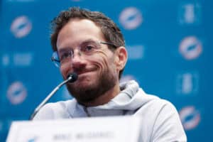 MADRID, SPAIN - NOVEMBER 14: Mike McDaniel, Head Coach of Miami Dolphins, speaks to the media in the press conference ahead of their NFL 2025 game against Washington Commanders at Riyadh Air Metropolitano on November 14, 2025 in Madrid, Spain.