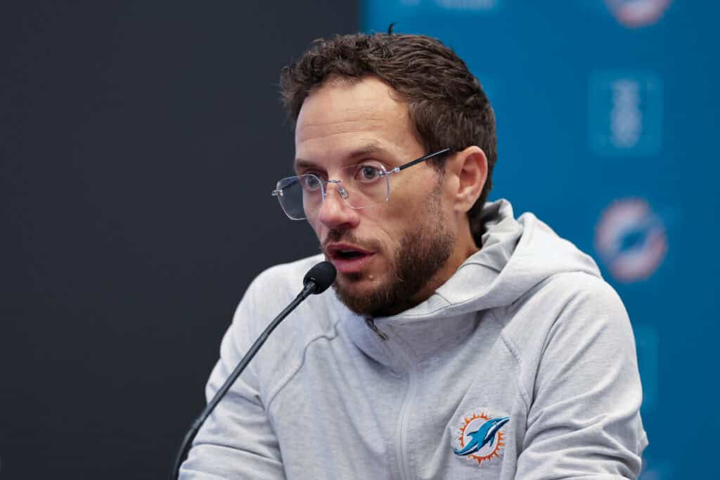 MADRID, SPAIN - NOVEMBER 14: Mike McDaniel, Head Coach of Miami Dolphins, speaks to the media in the press conference ahead of their NFL 2025 game against Washington Commanders at Riyadh Air Metropolitano on November 14, 2025 in Madrid, Spain.