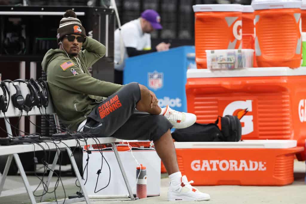 LAS VEGAS, NEVADA - NOVEMBER 23: Deshaun Watson #4 of the Cleveland Browns looks on from the bench prior to the game against the Las Vegas Raiders at Allegiant Stadium on November 23, 2025 in Las Vegas, Nevada.