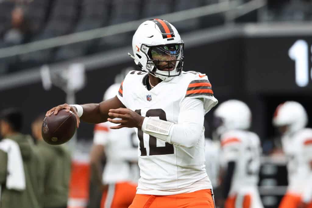 LAS VEGAS, NEVADA - NOVEMBER 23: Shedeur Sanders #12 of the Cleveland Browns warms up prior to the game against the Las Vegas Raiders at Allegiant Stadium on November 23, 2025 in Las Vegas, Nevada.