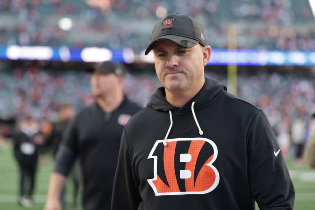 CINCINNATI, OHIO - NOVEMBER 23: Head coach Zac Taylor of the Cincinnati Bengals walks off the field after losing to the New England Patriots 26-20 at Paycor Stadium on November 23, 2025 in Cincinnati, Ohio.
