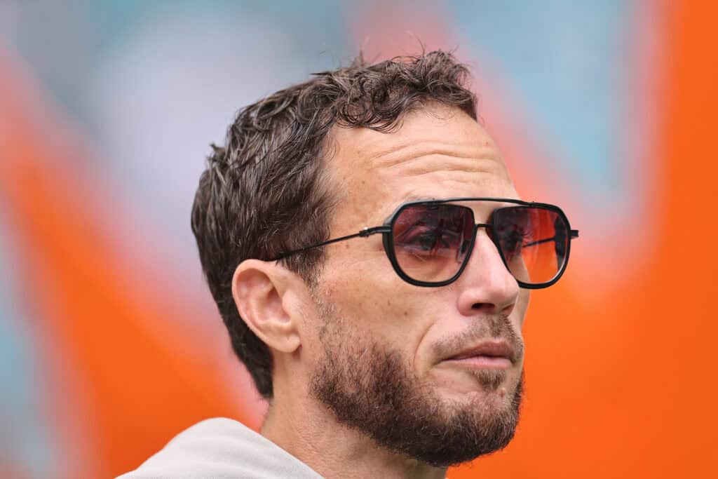 MIAMI GARDENS, FLORIDA - NOVEMBER 30: Head coach Mike McDaniel of the Miami Dolphins looks on before the game against the New Orleans Saints at Hard Rock Stadium on November 30, 2025 in Miami Gardens, Florida.