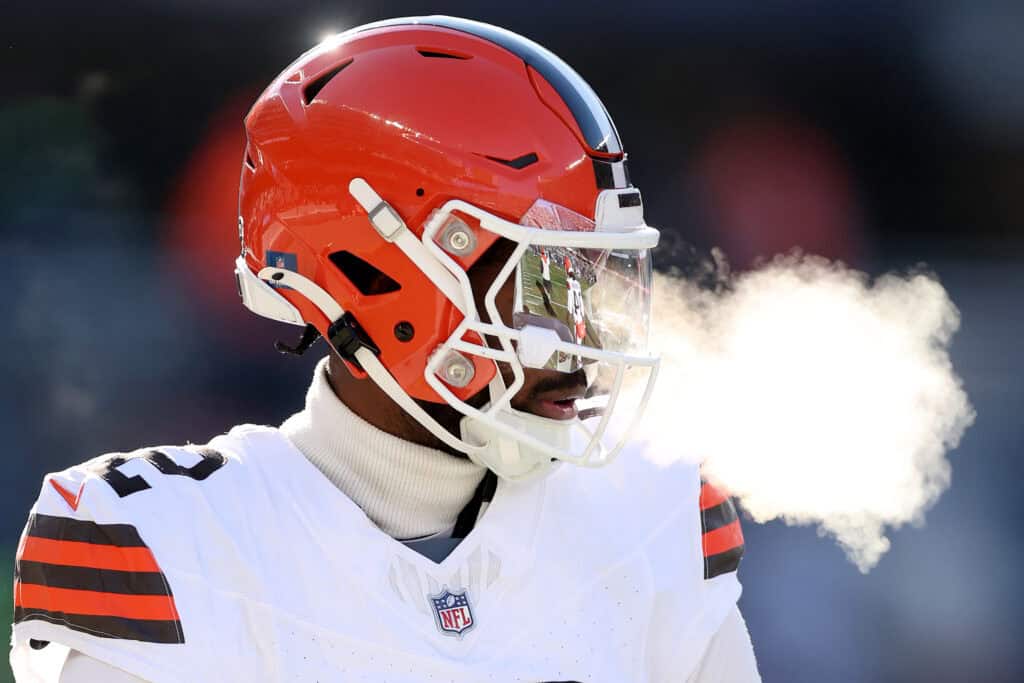 CHICAGO, ILLINOIS - DECEMBER 14: Shedeur Sanders #12 of the Cleveland Browns looks on prior to the game against the Chicago Bears at Soldier Field on December 14, 2025 in Chicago, Illinois.