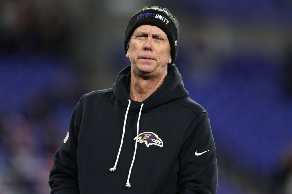 BALTIMORE, MARYLAND - DECEMBER 21: Offensive coordinator Todd Monken of the Baltimore Ravens looks on before the game against the New England Patriots at M&T Bank Stadium on December 21, 2025 in Baltimore, Maryland.