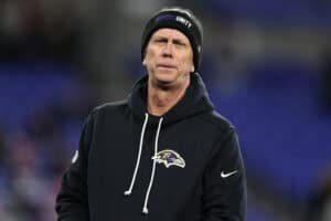 BALTIMORE, MARYLAND - DECEMBER 21: Offensive coordinator Todd Monken of the Baltimore Ravens looks on before the game against the New England Patriots at M&T Bank Stadium on December 21, 2025 in Baltimore, Maryland.