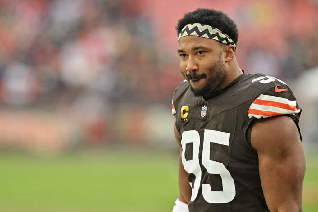 CLEVELAND, OHIO - DECEMBER 28: Myles Garrett #95 of the Cleveland Browns reacts prior to the game against the Pittsburgh Steelers at Huntington Bank Field on December 28, 2025 in Cleveland, Ohio.