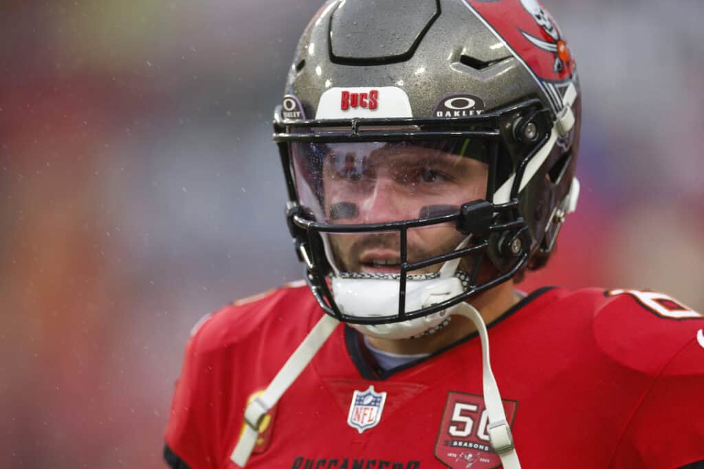 TAMPA, FLORIDA - JANUARY 03: Baker Mayfield #6 of the Tampa Bay Buccaneers warms up prior to the game against the Carolina Panthers during a game at Raymond James Stadium on January 03, 2026 in Tampa, Florida.