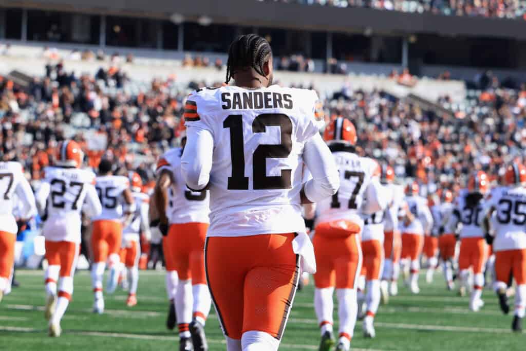 CINCINNATI, OHIO - JANUARY 04: Shedeur Sanders #12 of the Cleveland Browns takes the field with teammates prior to the game against the Cincinnati Bengals at Paycor Stadium on January 04, 2026 in Cincinnati, Ohio.