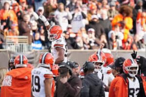 CINCINNATI, OHIO - JANUARY 04: Myles Garrett #95 of the Cleveland Browns is carried by teammates after the sack during the fourth quarter of the game against the Cincinnati Bengals at Paycor Stadium on January 04, 2026 in Cincinnati, Ohio.