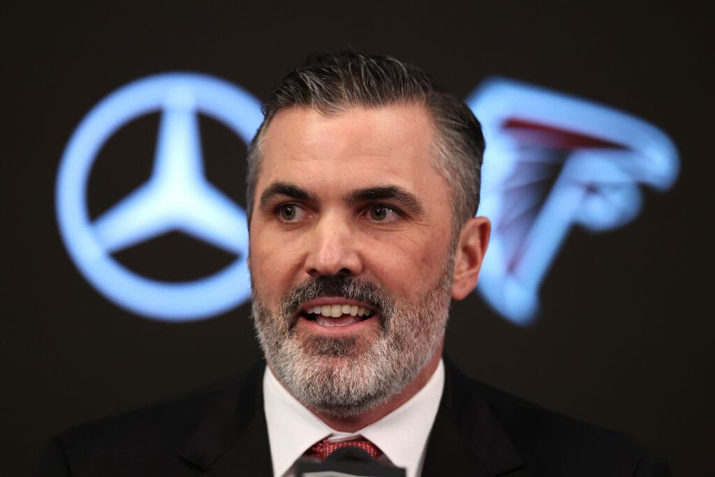 ATLANTA, GEORGIA - JANUARY 27: Kevin Stefanski speaks to the media after being introduced as the head coach of the Atlanta Falcons at Mercedes-Benz Stadium on January 27, 2026 in Atlanta, Georgia.